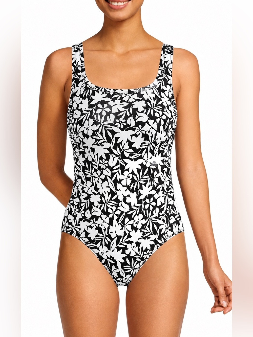 Land’s End NWT black/white floral one piece swim suit, XXL